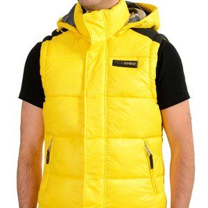 Plein Sport Men's Yellow Hooded Logo Print Zip Up Sleeveless Jacket Vest